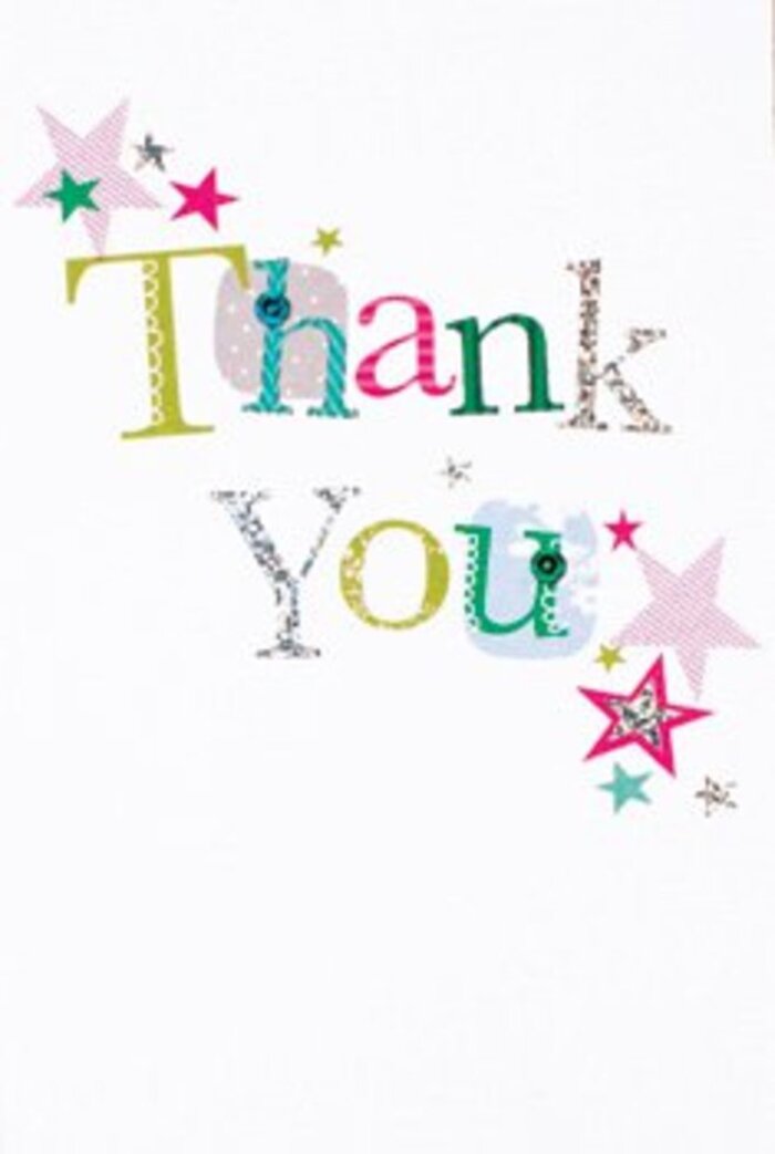 Quietly exuberant, this thank you card offers graceful color and joyful design, channeling the modern artistry found in and around New Cross Gate. Each letter of the greeting carries its own mood: playful curves, vibrant spots, and musical elegance, stitched or patterned in cerulean, coral, and silver. Stars cluster near the message-some stripy pink, others bold turquoise or softly gleaming-infusing the scene with extra cheer much like the street art found along New Cross's back lanes. The airy arrangement and pure white background give a sense of openness, letting both the celebratory stars and the heartfelt message shine. Neither too formal nor too casual, this card feels universally warm and at home in the eclectic spirit of New Cross. Placed beside a florist's bouquet-perhaps wrapped on a quiet morning for a friend-its graceful cheer ensures the gratitude lingers long after the flowers are delivered.