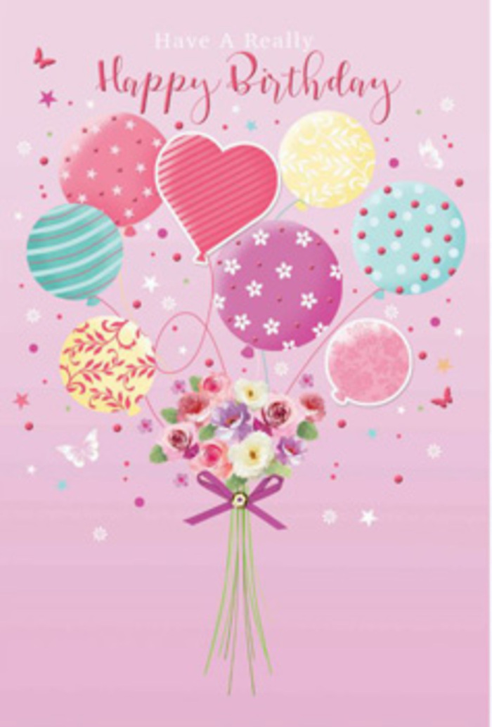 There is a gentle sense of jubilation in this illustrated birthday card, as if a small party has taken flight above the houses and railway arches of New Cross. The scene is painted on a soft pink background that holds everything in a warm, rosy glow. From the lower centre of the image, a cluster of pastel balloons lifts gracefully upwards, as though they are being carried along the breeze that drifts past New Cross Road toward Telegraph Hill. Each balloon is adorned with its own distinctive decoration: twirling stripes that curve like ribbons in the air, joyful polka dots that bounce across the surface, and sweet floral patterns that mirror the bouquet they rise from. The colours-pale sunshine yellow, blush pink, seafoam green, lavender, and a hint of coral-blend into one another in a way that feels both playful and refined, like a well-curated birthday bouquet in painted form. Anchored at the base, a dainty hand-tied arrangement of petite roses and soft, daisy-like blooms provides a grounding focal point. The petals are illustrated with subtle shading, transitioning from cream to rose and mauve, as though touched by early morning light filtering through a New Cross window. The stems are wrapped neatly and secured with a sparkling purple bow, its texture silky and smooth. Around the bouquet, whimsical butterflies and tiny stars seem to hover, adding a note of fairy-tale magic. The entire composition suggests the care of an experienced florist, familiar with crafting birthday surprises for homes from New Cross Gate to New Cross Inn, transforming a simple greeting into a lingering sense of being cherished and celebrated.
