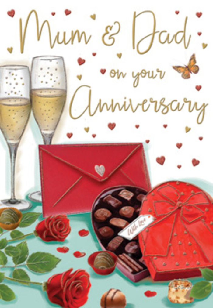 This detailed anniversary card artwork unfolds like a romantic table vignette set in New Cross, where flowers, chocolates, and champagne come together to honour parents' years of love. At the centre of the design, two generously petalled red roses rest on a flat surface, their deep crimson colour shaded with subtle highlights that make each fold of the petals feel soft and velvety. Surrounding them, smooth, dark green leaves arc outward, suggesting freshly cut stems laid down just moments ago, perhaps after being delivered by Flowers New Cross. To the left, a heart-shaped chocolate box immediately catches attention with its saturated red tone and wide, glossy bow tied confidently across the lid. The lid sits open, angled back to reveal neatly organised truffles inside: individually cradled pieces that vary slightly in shape and size, promising a mix of indulgent flavours. Behind this inviting arrangement, two elegant champagne flutes stand close but not touching, filled with pale, sparkling wine. Thin streams of bubbles rise in each glass, reflecting tiny glints of light and creating a sense of movement and anticipation-as though the glasses are waiting to be raised in a toast over dinner by New Cross Gate. Across the background, delicate hearts in metallic gold and ruby shades drift gently, playing around a handwritten greeting dedicated to Mum & Dad, lettered in a warm, flowing style that feels intimate and personal. A bright scarlet envelope rests at an angle near the bottom, its flap firmly closed, hinting at a heartfelt note tucked safely inside. Soft, diffused lighting flushes the entire scene with warmth, emphasising the sparkle of the champagne, the sheen of the chocolates, and the plush texture of the roses, capturing the cosy, celebratory atmosphere of an anniversary evening in New Cross.