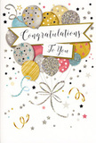 A beautifully designed congratulations card fills this image, its front capturing the joyful energy of a celebration in New Cross without a single real balloon in sight. At the heart of the card is a cloud-like cluster of illustrated balloons, grouped together in an airy bouquet that rises from the lower centre upward, much like a floral arrangement opening above its vase. The colour story is soft and stylish: warm gold and silver mingle with champagne, pastel blue, blush pink, and subtle grey. Each balloon is decorated with delicate details - fine metallic stars sprinkled across the surface, slim shimmering stripes, or patches of glitter that imply a gentle sparkle, like evening light reflected off windows along Queen's Road. From the bottom of this cluster, slender strings in metallic gold and silver flow downward, curling gracefully and intertwining in an artful flourish that mirrors the careful finishing touches a florist might add before sending congratulations flowers out across New Cross. The background is a light, creamy tone, lightly dusted with small metallic stars, floating confetti, and swirled ribbon motifs that bring a sense of motion, as though a soft breeze were passing through a room just after the good news is shared. A curved banner stretches across the centre of the balloons, displaying the message Congratulations To You in elegant, looping script, its letters outlined with a hint of shine. The overall impression is one of uplifting, sincere celebration - a card made to accompany bouquets for exam results, promotions, graduations, or any proud moment when you want to show someone in New Cross how delighted you are for them.
