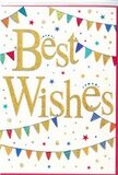 This congratulations card radiates the friendly, upbeat spirit you might feel walking through New Cross on a lively afternoon. At its heart is the message Best Wishes, written in smooth, flowing gold script that stands slightly proud of the paper, giving the impression of careful embossing. The metallic gold shines softly against the clean white background, like a shaft of sunlight slipping between buildings along New Cross Road. Above and below the words, strands of bunting arc gracefully across the card, turning the simple phrase into a centrepiece for celebration. Each small triangular pennant is filled with vivid colour-rich blues, cherry reds, grassy greens, and brilliant yellows-and some carry patterns of dots or slender stripes, while others gleam with a delicate touch of sparkle. The bunting feels alive, as though it's strung overhead at a neighbourhood gathering near Fordham Park, gently stirred by the breeze. Scattered throughout the design are tiny stars and round confetti dots, irregularly placed so they appear to have just fallen from the air, adding a playful sense of movement. Despite all this detail, the ample white space keeps the design airy and elegant, allowing the colours and metallic lettering to glow without crowding the eye. It's easy to imagine this card arriving tucked into a bouquet delivered anywhere in SE14, marking a promotion, a fresh start at university, a housewarming, or even a long-awaited personal achievement. The overall effect is one of open-hearted positivity and support, as though the card is quietly cheering from the sidelines, sharing in the happiness of a new chapter beginning.