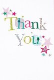 This thank you card radiates gentle joy, as if each detail was crafted to uplift-a sentiment that fits right in among the creative corners of New Cross. The 'Thank You' wording is playfully set in a kaleidoscope of shimmering silver, bright yellow, leafy green, and bold blue, with each letter carrying dots or stitched patterns that suggest the hand-finished, personal touch of local artistry. Around the lettering, clusters of pink, teal, and silver stars seem to dance in celebration, mirroring the lively gatherings at local New Cross venues. The immaculate white background provides calm focus, making the colors and details stand out without clutter. Reminiscent of the warmth found in an impromptu street festival, this card seems destined to accompany a thoughtful bouquet from a New Cross florist, expressing heartfelt gratitude with every tactile, uplifting element.