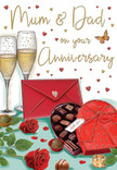 The anniversary card illustration creates an atmosphere of cosy romance that could easily belong to an evening in New Cross, celebrating devoted parents in style. In the foreground, two richly coloured red roses lie gently on a tabletop, their petals rendered with careful shading that makes them look soft, full, and almost touchable. Deep green leaves with smooth, slightly curved edges frame the blooms, echoing the freshness of a florist's bouquet laid down just before dinner. To one side, an open heart-shaped box of chocolates becomes the focal point of shared indulgence; its vivid red exterior and broad, satin bow are drawn with a sense of luxury. The tilted lid reveals orderly rows of chocolates inside, each piece nestled in its own little well, suggesting a variety of flavours and textures to be slowly savoured together. Behind this, two tall champagne flutes stand side by side, filled with pale gold fizz. Fine trails of bubbles rise inside the glasses, catching warm highlights that lend them a soft glow, like reflections from a nearby lamp in a New Cross sitting room. Tiny hearts in shimmering gold and rich crimson float across the background, delicately framing a hand-lettered dedication to Mum & Dad that feels warm and sincere. At the bottom, a bold red envelope lies slightly askew, its flap closed, hinting at a private message or anniversary card tucked within. Overall, the lighting is gentle and inviting, with subtle reflections on the glass, the sheen of the chocolates, and the velvety look of the petals combining to create a scene that radiates affection, celebration, and the quiet sweetness of an anniversary evening in New Cross.